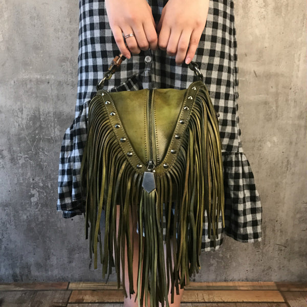 Black Leather Fringe Crossbody Purse For Women Vintage Boho Bags