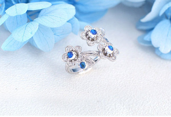 White Gold Plated Silver Blue Moonstone Ring June Birthstone Rings for Women chic