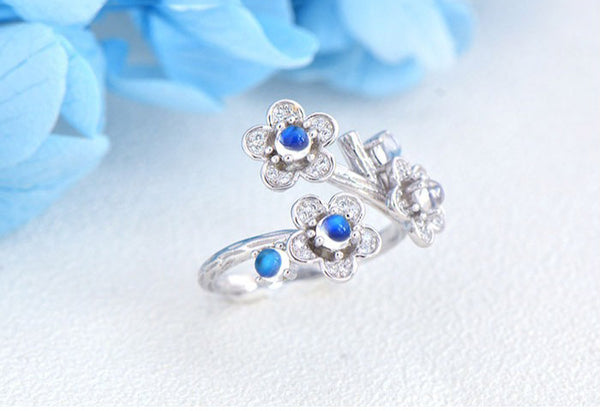 White Gold Plated Silver Blue Moonstone Ring June Birthstone Rings for Women charm