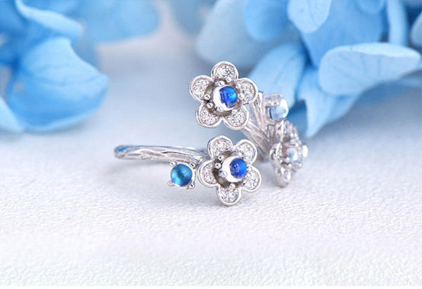 White Gold Plated Silver Blue Moonstone Ring June Birthstone Rings for Women cool