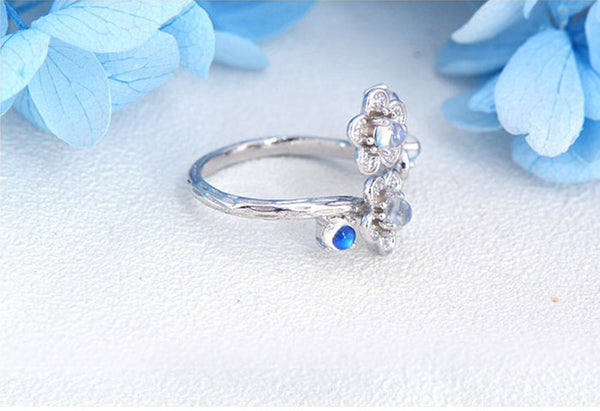 White Gold Plated Silver Blue Moonstone Ring June Birthstone Rings for Women cute