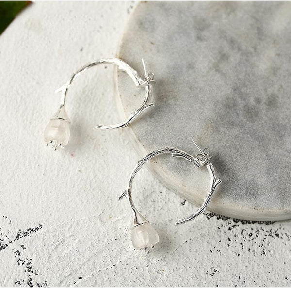 White Quartz Flower Hook Earrings Silver cute jewelry