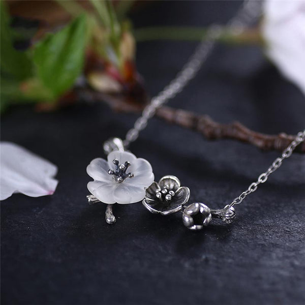 White Quartz Crystal Flower Pendant Necklace in Sterling Silver Handmade Jewelry For Women