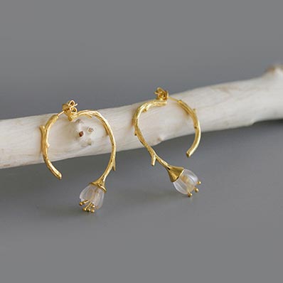 White Quartz Flower Silver Earrings gold