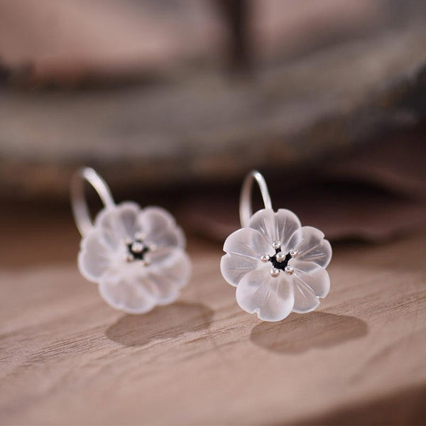 White Quartz Crystal Flower Hook Earrings in Sterling Silver Handmade Jewelry Gifts For Women