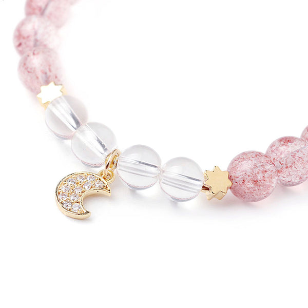 White Strawberry Quartz crystal Bead Bracelet Handmade Jewelry Women pink