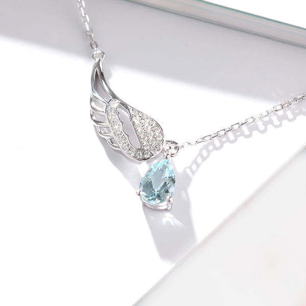 Wing Shaped Women Aquamarine Necklace White Gold Plated Silver March Birthstone Necklace For Women Accessories