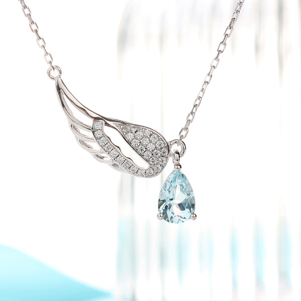 Women Aquamarine Necklace White Gold Plated Silver Wing Shaped March Birthstone Necklace For Women