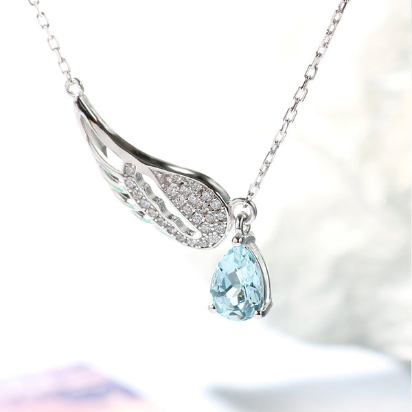 Wing Shaped Women Aquamarine Necklace White Gold Plated Silver March Birthstone Necklace For Women Beautiful
