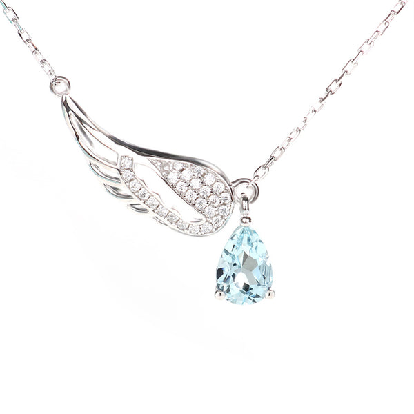 Wing Shaped Women Aquamarine Necklace White Gold Plated Silver March Birthstone Necklace For Women Chic