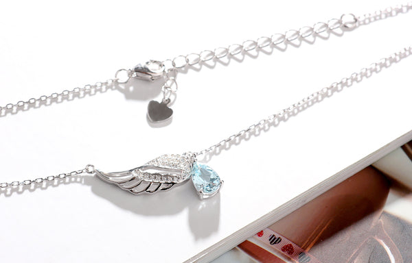 Wing Shaped Women Aquamarine Necklace White Gold Plated Silver March Birthstone Necklace For Women Classic