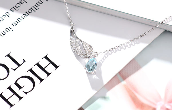 Wing Shaped Women Aquamarine Necklace White Gold Plated Silver March Birthstone Necklace For Women Elegant