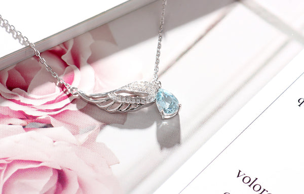 Wing Shaped Women Aquamarine Necklace White Gold Plated Silver March Birthstone Necklace For Women Gift