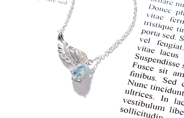 Wing Shaped Women Aquamarine Necklace White Gold Plated Silver March Birthstone Necklace For Women Trendy