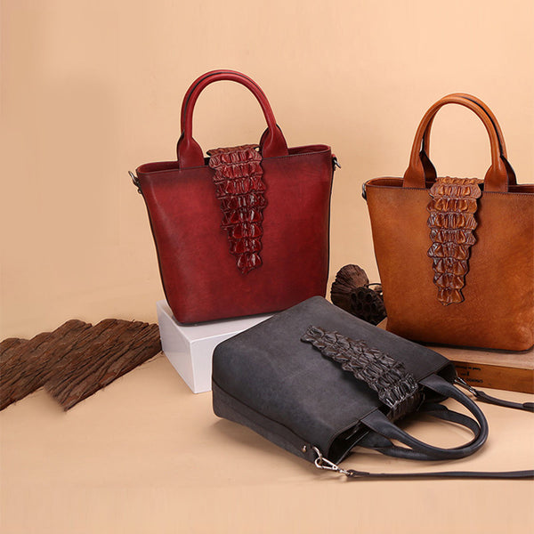 Women Alligator Pattern Brown Leather Totes Handbags Crossbody Bags Purse