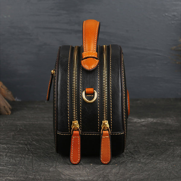 Women Genuine Leather Circle Bag Crossbody Bags Purses for Women Handmade