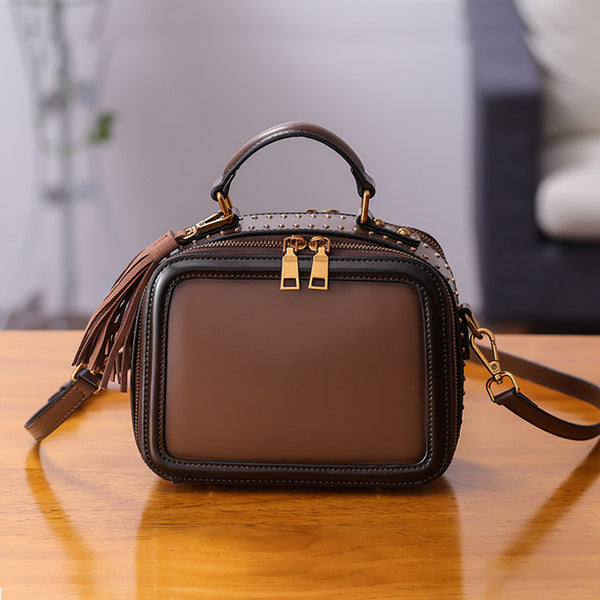Women Genuine Leather Crossbody Bags Cube Bag Shoulder Bag Purses Brown