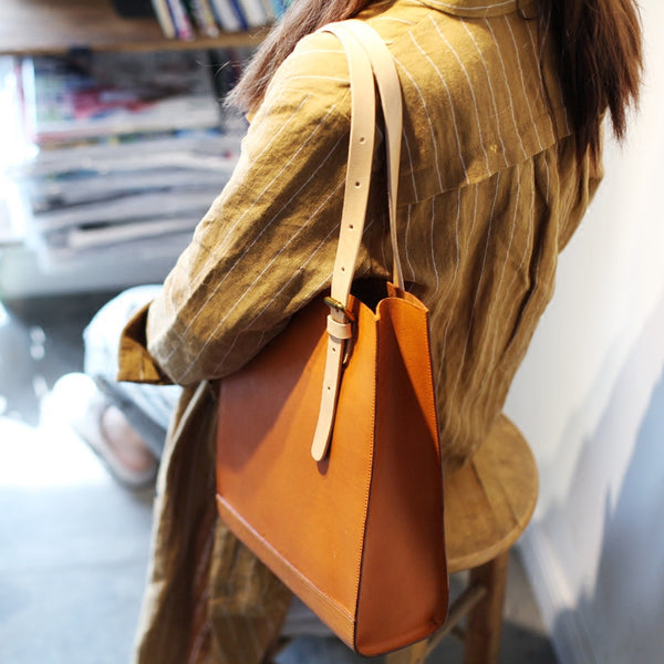Women Minimalist Brown Leather Tote Bag Handbag Shoulder Bag for Women Boutique