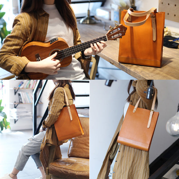 Women Minimalist Brown Leather Tote Bag Handbag Shoulder Bag for Women Details