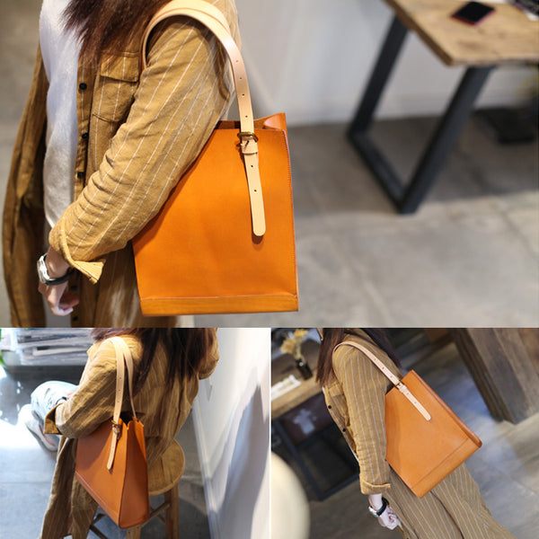 Women Minimalist Brown Leather Tote Bag Handbag Shoulder Bag for Women Genuine Leather