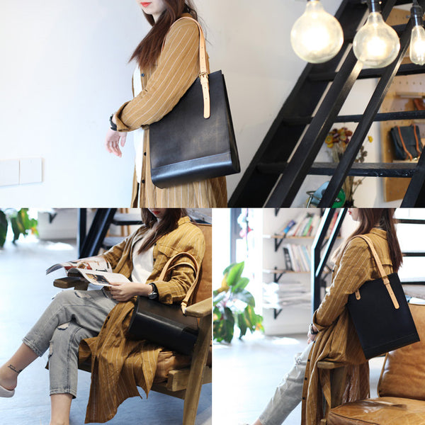 Women Minimalist Brown Leather Tote Bag Handbag Shoulder Bag for Women fashion