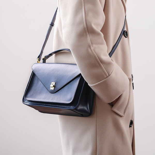 Womens Blue Leather Satchel Bag Crossbody Bags Purses for Women