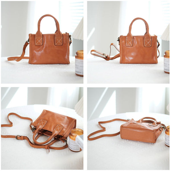 Women's Brown Leather Crossbody Bag With Top Handle Small Handbags For Women Casual