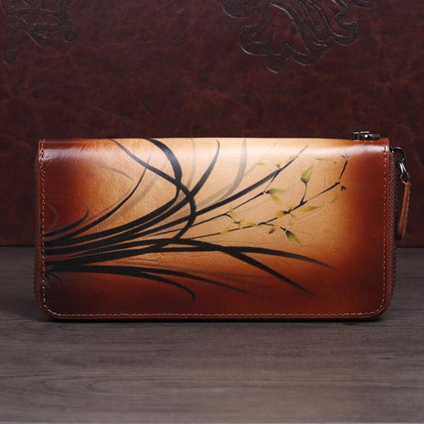 Women's Brushed Off Leather Billfold Wallet Zip Around Wallet With Orchid And Butterfly Pattern For Women Accessories