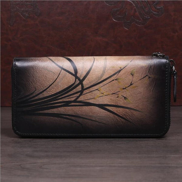 Women's Brushed Off Leather Billfold Wallet Zip Around Wallet With Orchid And Butterfly Pattern For Women Beautiful