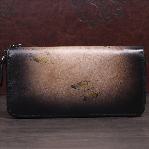 Women's Brushed Off Leather Billfold Wallet Zip Around Wallet With Orchid And Butterfly Pattern For Women Best