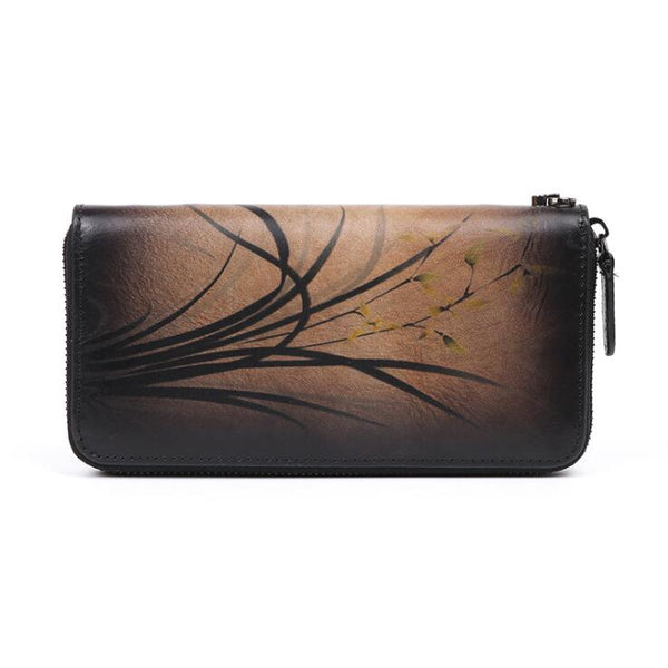 Women's Brushed Off Leather Billfold Wallet Zip Around Wallet With Orchid And Butterfly Pattern For Women Black