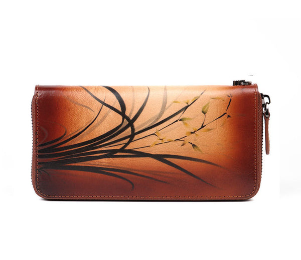 Women's Brushed Off Leather Billfold Wallet Zip Around Wallet With Orchid And Butterfly Pattern For Women Brown