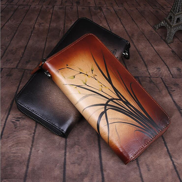Women's Brushed Off Leather Billfold Wallet Zip Around Wallet With Orchid And Butterfly Pattern For Women Chic