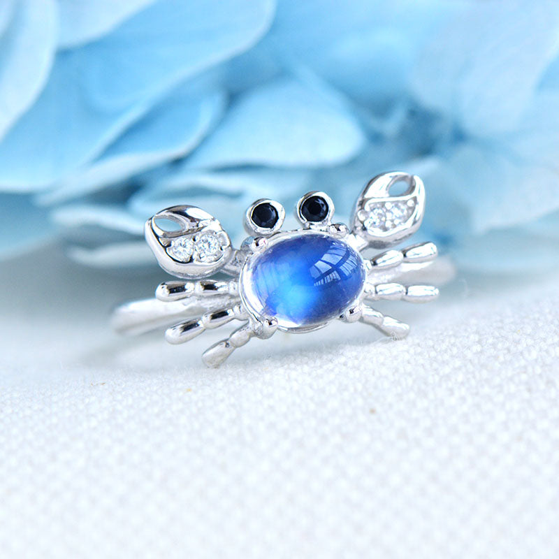 Women's Gold Plated Sterling Silver Genuine Blue Moonstone Ring Crab Shaped  June Birthday Jewelry for Women Accessories