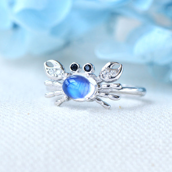 Crab Shaped Women's Sterling Silver Genuine Blue Moonstone Ring June Birthday Jewelry for Women