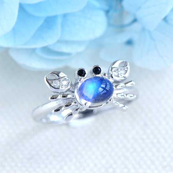 Women's Gold Plated Sterling Silver Genuine Blue Moonstone Ring Crab Shaped  June Birthday Jewelry for Women Beautiful