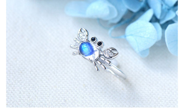 Women's Gold Plated Sterling Silver Genuine Blue Moonstone Ring Crab Shaped  June Birthday Jewelry for Women Cute