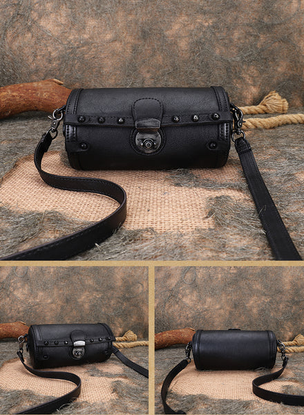 Women's Cylindric Bag Genuine Leather Shoulder Bags Black