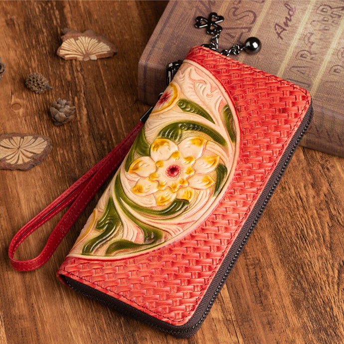 Genuine Leather Flower Designer Women's Long Clutch Zipper Wallets