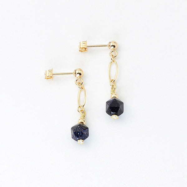 Women's Fashion Blue Sandstone Bead 14K Gold Stud Earrings Jewelry Accessories