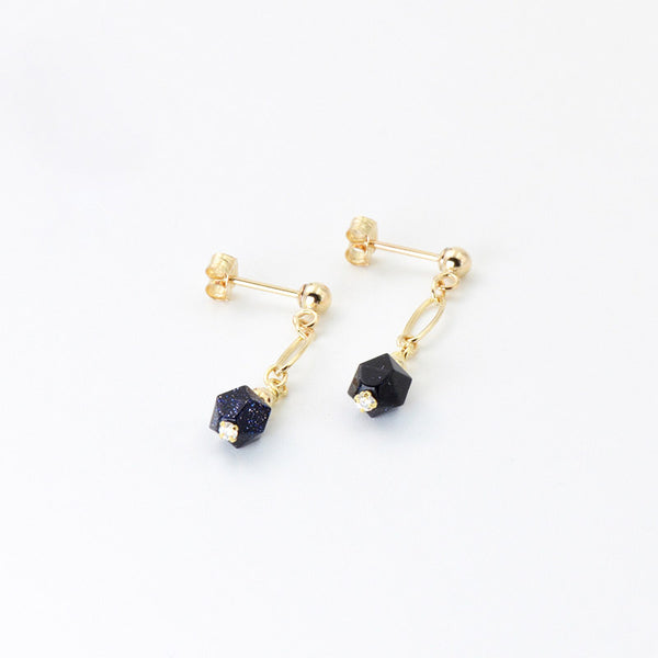 Women's Fashion Blue Sandstone Bead 14K Gold Stud Earrings