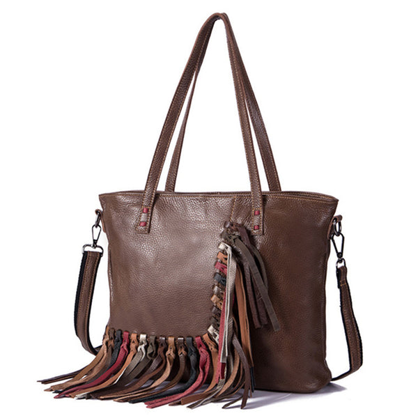 Women's Hobo Leather Fringe Handbags Purse Tote Bag With Zipper