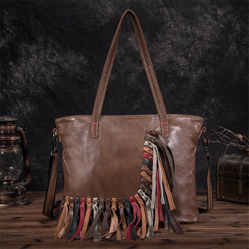 Women's Hobo Leather Fringe Handbags Purse Tote Bag with Zipper for Women, Brown