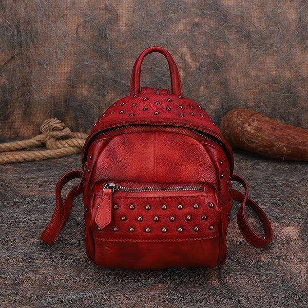Women's Mini Leather Backpack Purse With Rivets Leather Rucksack For Women Affordable