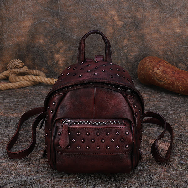 Women's Mini Leather Backpack Purse With Rivets Leather Rucksack For Women Best