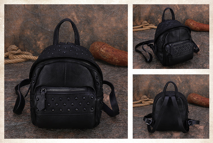 Women's Mini Leather Backpack Purse With Rivets Leather Rucksack For W – igemstonejewelry