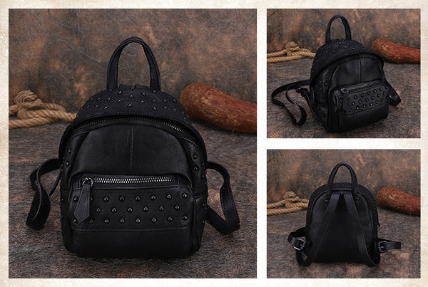 Women's Mini Leather Backpack Purse With Rivets Leather Rucksack For Women Designer