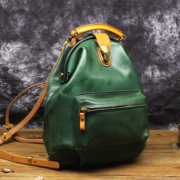 Small Women's Green Leather Doctor Bag Backpack Purse Handbags for Women