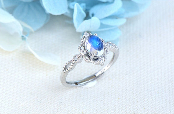 Women's Sterling Silver Blue Moonstone Wedding Ring Engagement Rings For Women Cute