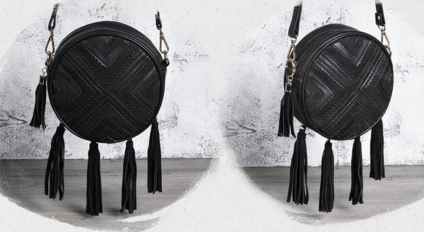 Women's Vegan Leather Round Crossbody Boho Bag With Fringe Cross Shoulder Bag For Women Fashion